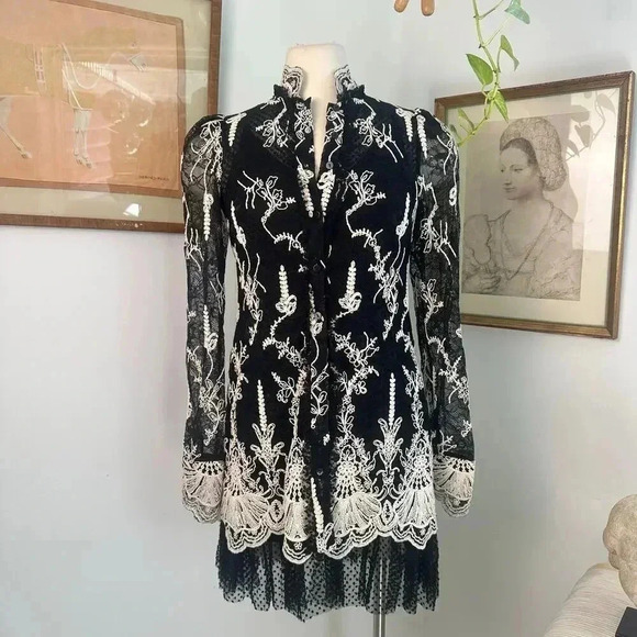 NWT Alexis Black Lace Dress White Floral Embroidery Elegant Designer Tunic Style - Picture 2 of 9